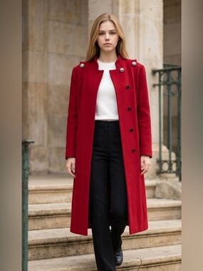 Women's Red Pure Virgin Wool Straight Coat with Decorative Buttons